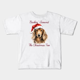 Christmas Longhaired Dachshund Dog in Santa Hat Kids T-Shirt